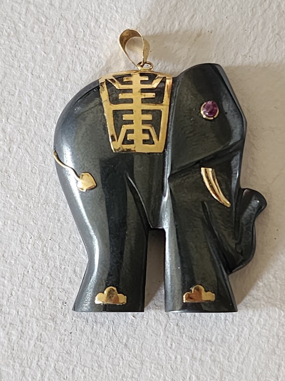 14K Solid Gold Ruby Hematite Elephant Pendant - image 1