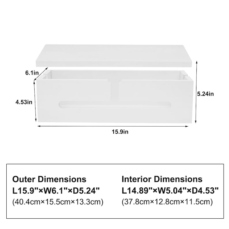 May include: A white rectangular storage box with a removable lid. The outer dimensions are 15.9 inches long, 6.1 inches wide, and 5.24 inches deep. The interior dimensions are 14.89 inches long, 5.04 inches wide, and 4.53 inches deep.