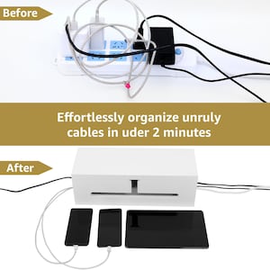 May include: A before-and-after image shows a white cable organizer box. Before, a power strip is tangled with cables. After, the cables are neatly organized with a phone and tablet charging. The text reads: Effortlessly organize unruly cables in under 2 minutes.