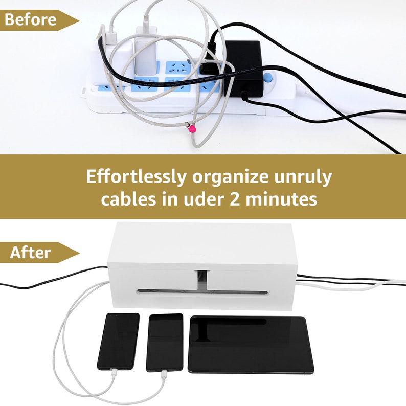 May include: A before-and-after image shows a white cable organizer box. Before, a power strip is tangled with cables. After, the cables are neatly organized with a phone and tablet charging. The text reads: Effortlessly organize unruly cables in under 2 minutes.