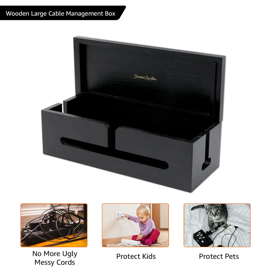 Black Wooden Cable Management Boxes Cute Caféshaped Cord Etsy