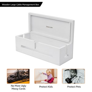 May include: A white wooden cable management box with a hinged lid. The box has slots for cords and the text "Wooden Large Cable Management Box". Additional images show the benefits: "No More Ugly Messy Cords", "Protect Kids", and "Protect Pets".