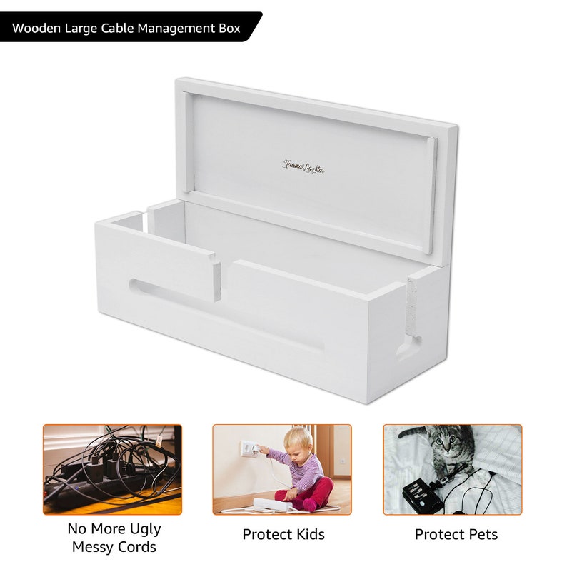 May include: A white wooden cable management box with a hinged lid. The box has slots for cords and the text "Wooden Large Cable Management Box". Additional images show the benefits: "No More Ugly Messy Cords", "Protect Kids", and "Protect Pets".
