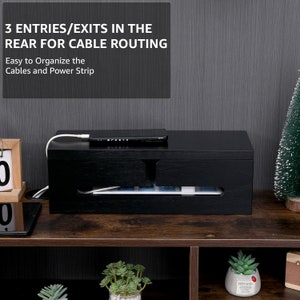 Black Wooden Cable Management Boxes | Cute Café-Shaped Cord Organizer for Desk, Handmade Cable Storage Box, Charger Wire Socket Organizer