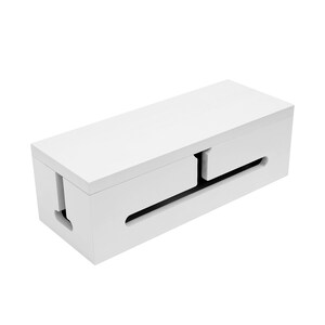 May include: A white rectangular cable management box with slots and openings for organizing and concealing cords. The box is made of a solid, opaque material and has a clean, minimalist design. The box is designed to keep cables tidy and out of sight.