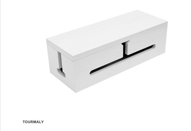 May include: A white rectangular cable management box with a sliding top and slots for cords. The box has a clean, minimalist design, perfect for organizing and concealing cables. The word "TOURMALY" is printed at the bottom.