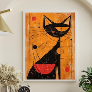 Modern abstract art of a geometric black cat dark orange background. Minimalist wall decor, perfect for cat lovers and contemporary spaces