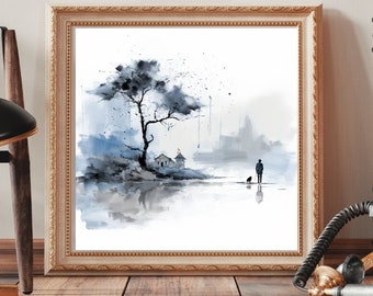 Puede incluir: Una pintura de acuarela de una figura solitaria paseando a un perro por una costa brumosa. Una pequeña casa con una bandera roja se encuentra en el borde de una zona boscosa. La pintura está enmarcada en un marco dorado.