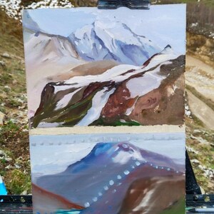 Estudos de Montanhas em uma cartolina. Pintura a Óleo. Ar Livre.