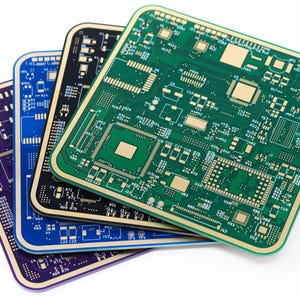 May include: Four square circuit boards in purple, blue, black, and green, stacked diagonally. Each board displays complex gold-coloured circuitry and components. The boards' designs are highly detailed, showcasing their intricate patterns.
