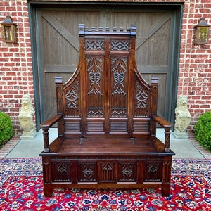 Antique French Bench Settee Gothic Oak Tracery Lift Top Seat Storage Trunk 19C