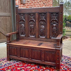 Antique French Bench Settee Gothic Oak Linen Fold Figural Lift Top Seat c. 1900