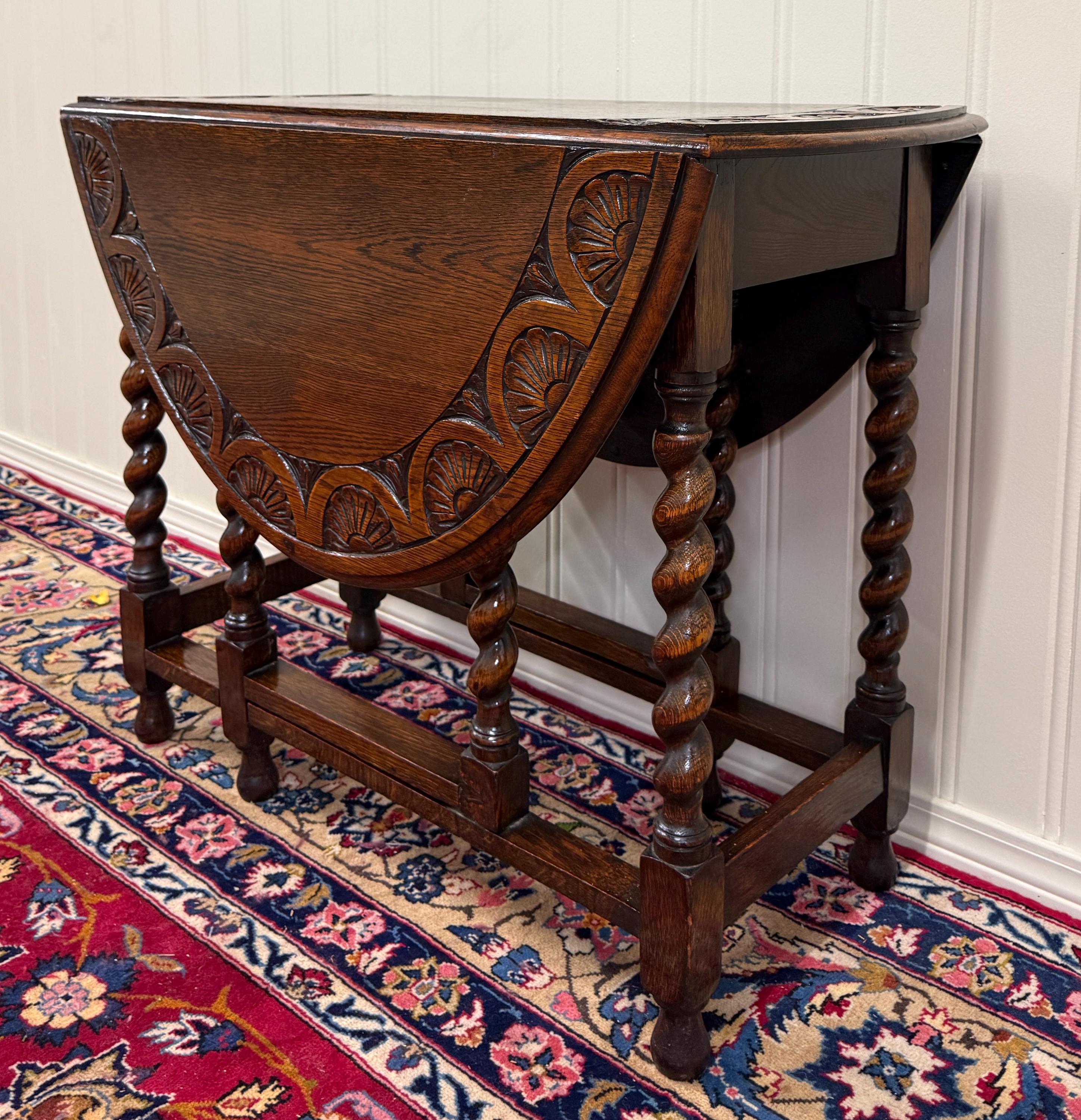 Antique English Table Drop Leaf Gateleg CARVED TOP Barley Twist Oak C ...