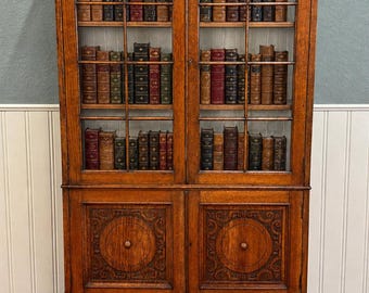 Antique English Bookcase Bookshelf Cabinet Double Door Wavy Glass Oak c.1930s