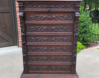 Antique French Abattant Desk Fall Front Secretary Chest Drawers Renaissance Oak