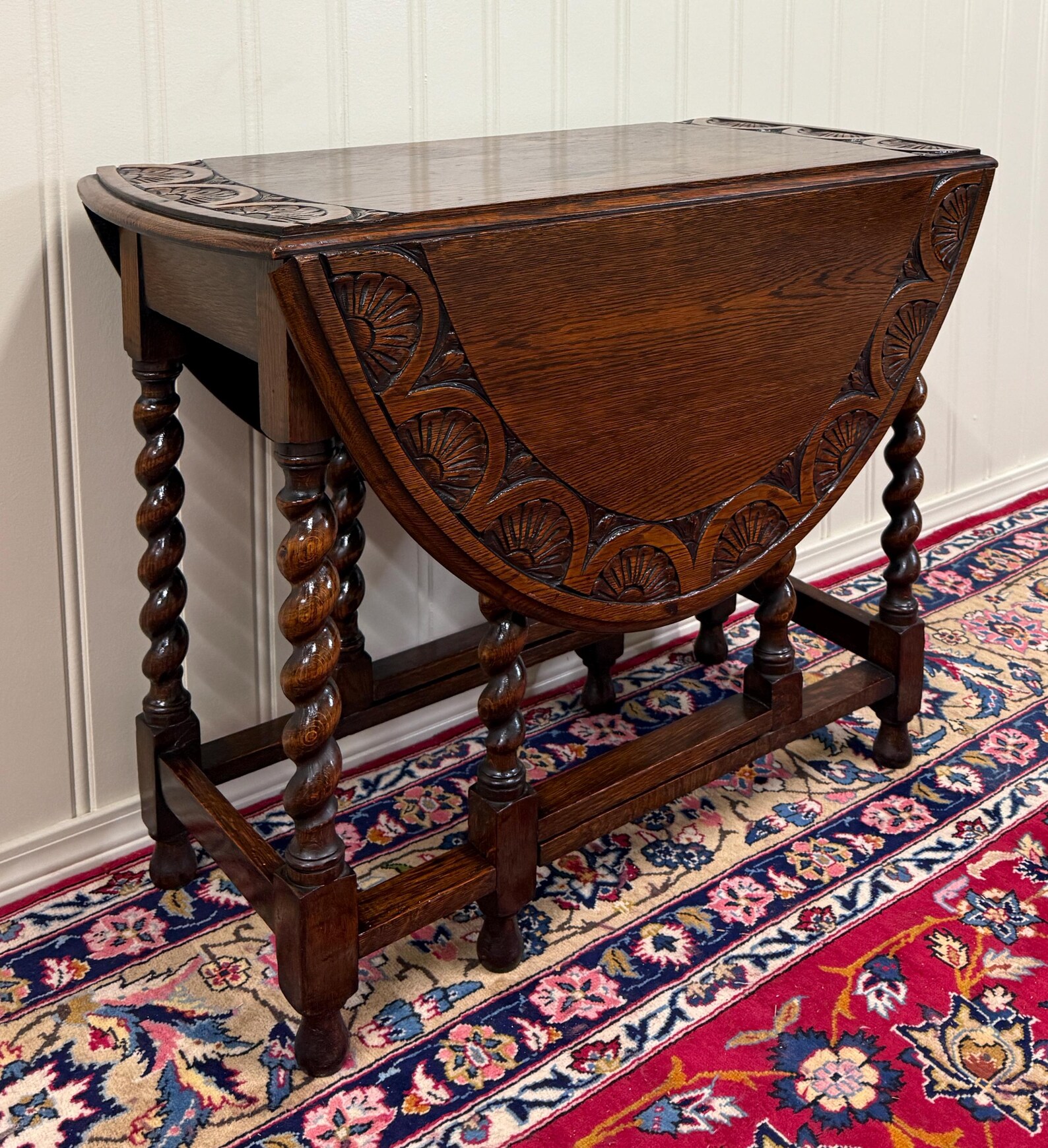 Antique English Table Drop Leaf Gateleg CARVED TOP Barley Twist Oak C ...