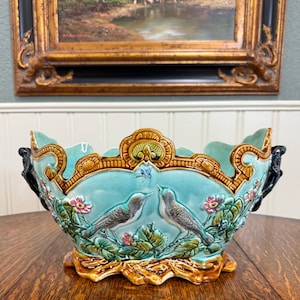 Antique French Onnaing Majolica Cache Pot Planter Bowl Jardiniere Love Birds