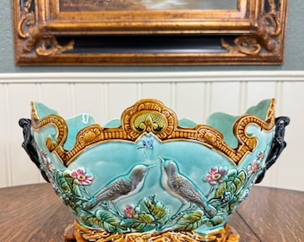Antique French Onnaing Majolica Cache Pot Planter Bowl Jardiniere Love Birds