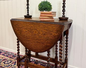 Antique English Table Drop Leaf Gateleg Barley Twist Oak Oval c. 1920-30s