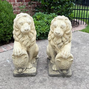 Vintage English Statues LIONS PAIR Garden Figures Cast Stone Yard Decor 22&quot; Tall