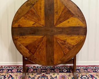 Antique French Vendage Round Flip Top Gateleg Wine Table Oak Trestle Feet c.19th