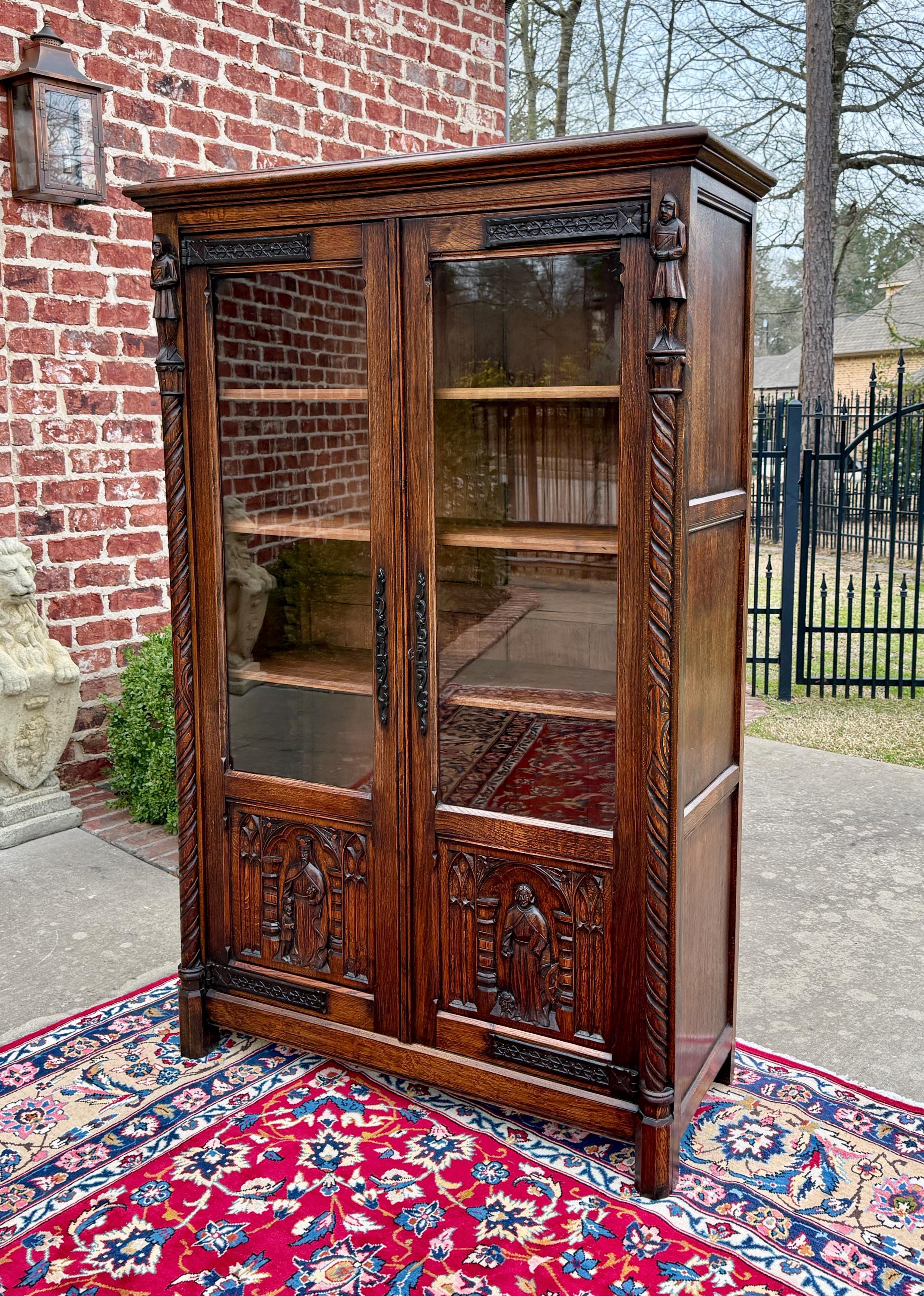 Antique French Gothic Bookcase Cabinet Bookshelf 2 Glass Doors Oak