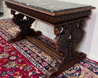 Antique French Coffee Table Bench Window Seat Marble Top Oak Renaissance Revival