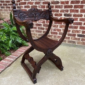 Antique Italian Savonarola Dante Chair Carved Oak Renaissance Lion Shield