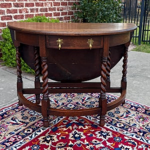 Antique English Demilune Table Drop Leaf Barley Twist w Drawer Oak ROUND 1920-30