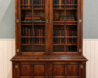 Antique English Large Bookcase Bookshelf Cabinet Double Door Glass Oak c. 1910s