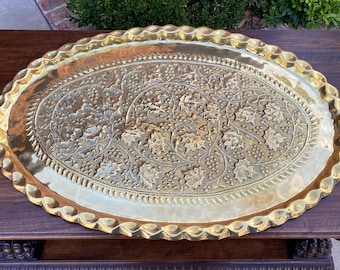 Antique English Brass Serving Tray Platter OVAL Grape Leaves Hanging 1930s
