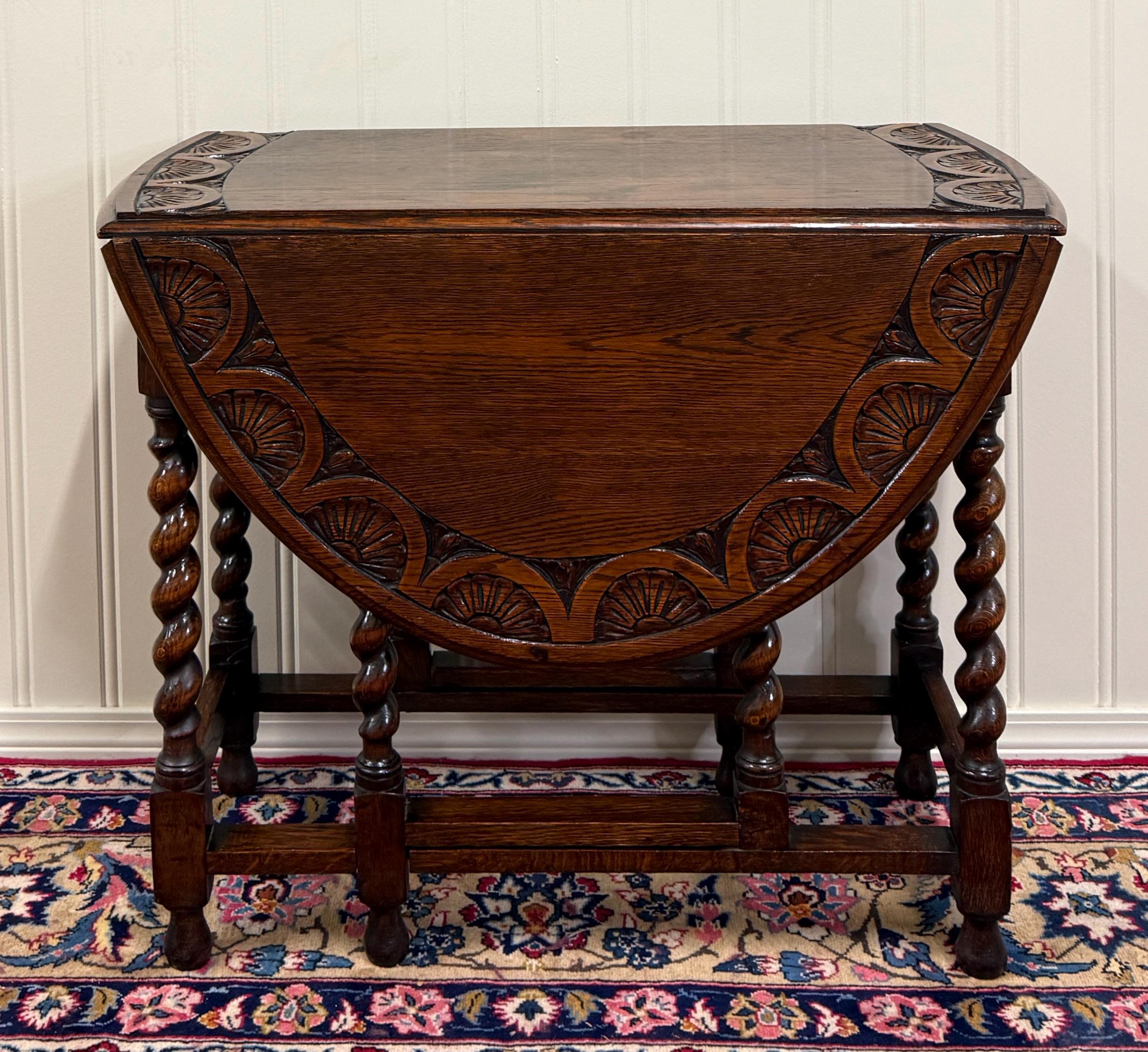 Antique English Table Drop Leaf Gateleg CARVED TOP Barley Twist Oak C ...
