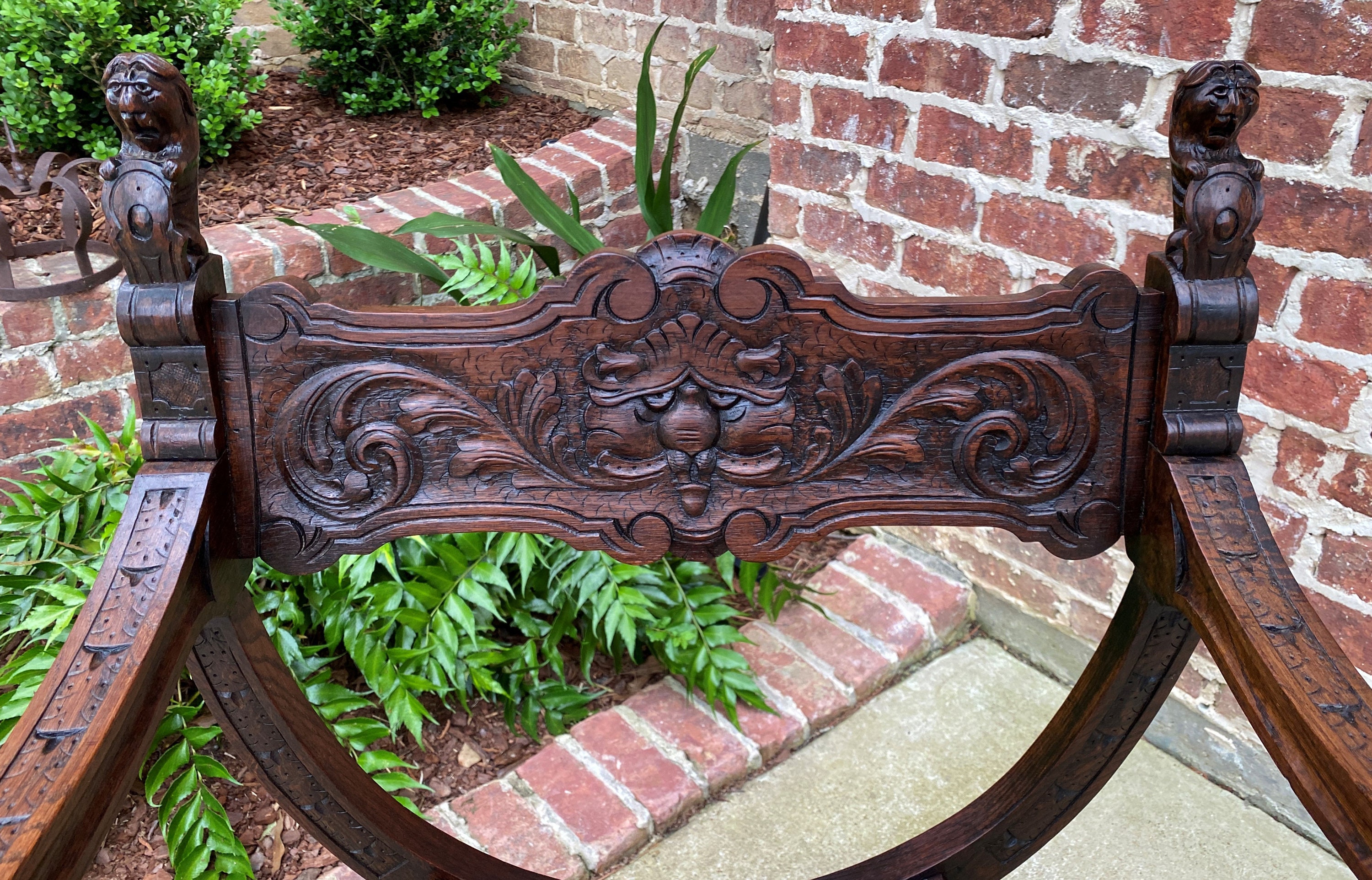Antique Italian Savonarola Dante Chair Carved Oak Renaissance Lion