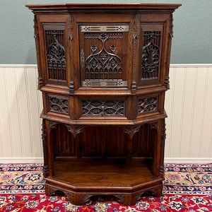 Antique French Gothic Sacristy Vestry Altar Wine Cabinet Bar Catholic Carved Oak