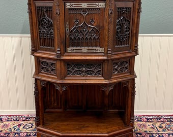 Antique French Gothic Sacristy Vestry Altar Wine Cabinet Bar Catholic Carved Oak