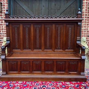 Large Antique French Bench Settee Gothic Oak Tracery Lift Top Seat c. 19th