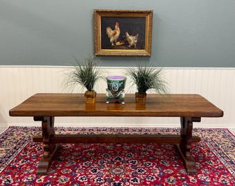 Antique French Country Farm Dining Table Farmhouse Trestle Base Oak 87"W