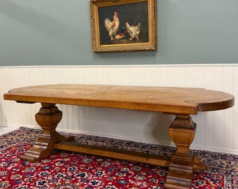 Antique French Country Dining Table Farmhouse Pedestal Trestle Honey Oak 1930s