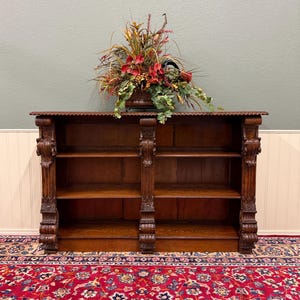 Antique French Renaissance Revival Open Bookcase Cabinet Bookshelf Oak c. 19th C
