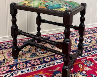 Antique English Upholstered Bench Stool Turned Leg Carved Oak c. 1930s