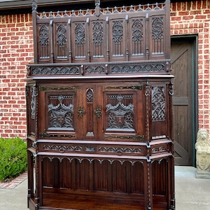 Antique French Gothic Cathedral Vestry Altar Wine Cabinet Bar Carved Oak 115" T