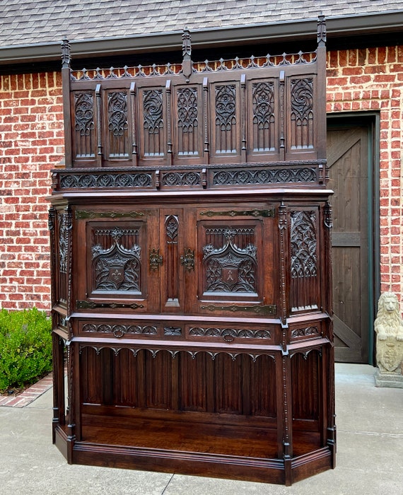 Antique French Gothic Cathedral Vestry Altar Wine Cabinet Bar