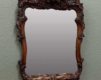 Antique French Rococo Mirror Framed Hanging Wall Mirror Rectangular Carved Oak