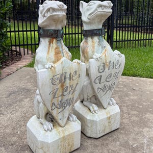 Vintage English Statues Garden Figures Gargoyles Brass Collars Cast Stone Pair