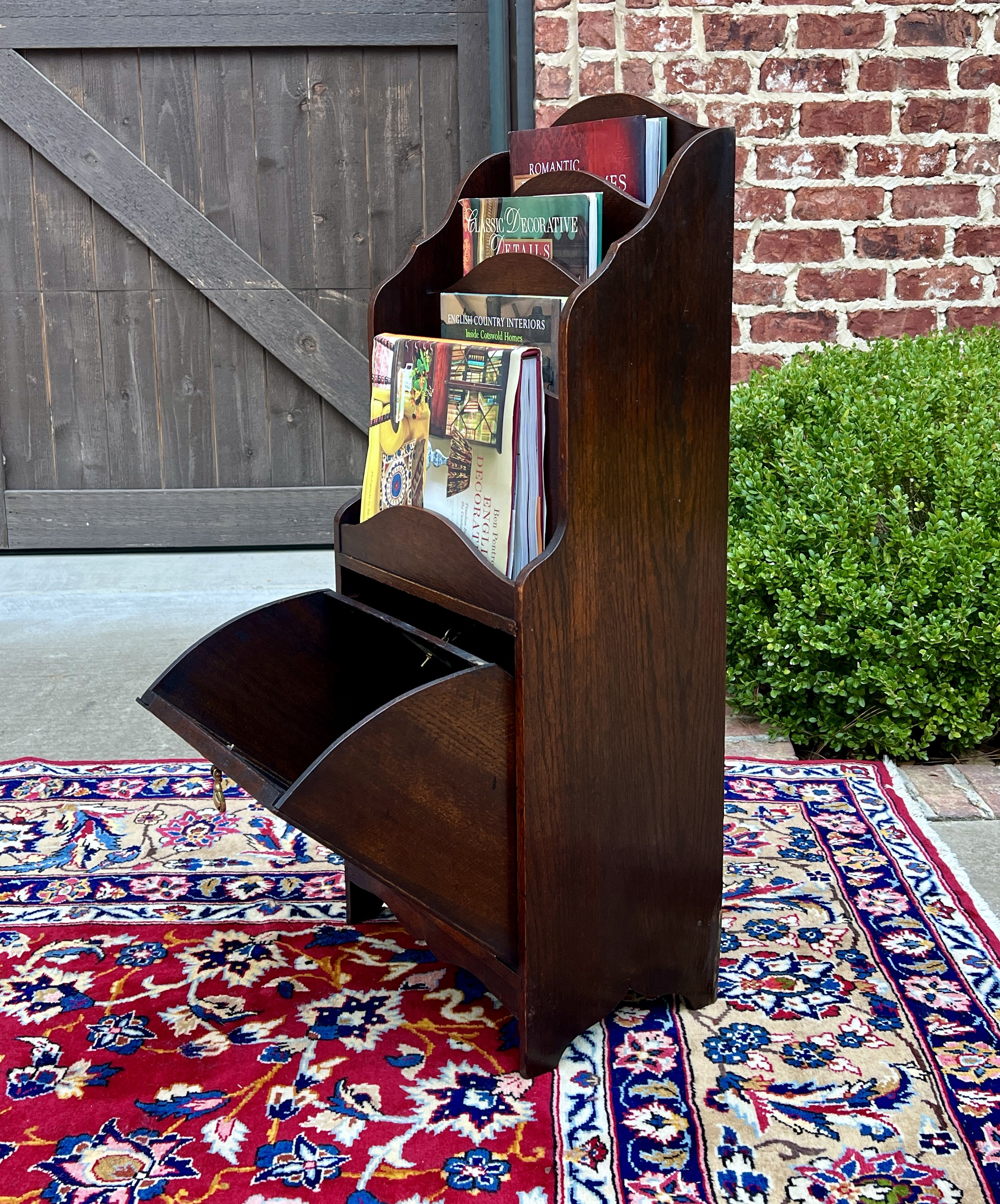 Antique English Book Magazine Rack Bookshelf Oak PETITE Storage Cabinet ...