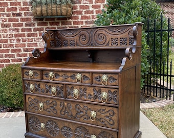 Antique English Chest of 7 Drawers Georgian Brass Lion Pulls CARVED Oak 18th C