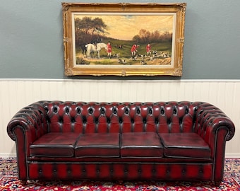 Vintage English Chesterfield Leather Tufted Sofa Oxblood Red Mid Century