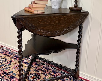 Antique English Envelope Barley Twist Drop Leaf Side Table Carved Oak c. 1900