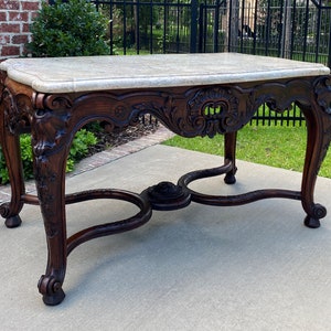 Antique French Console Entry Table Marble Top Carved Walnut Foyer Sofa Excellent