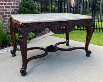 Antique French Console Entry Table Marble Top Carved Walnut Foyer Sofa Excellent
